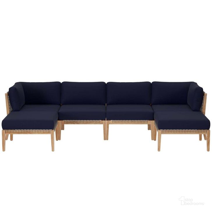 The appearance of Clearwater Outdoor Patio Teak Wood 6 Piece Sectional Sofa In Gray Navy EEI-6122-GRY-NAV designed by Modway in the transitional interior design. This gray navy piece of furniture  was selected by 1StopBedrooms from Clearwater Collection to add a touch of cosiness and style into your home. Sku: EEI-6122-GRY-NAV. Material: Wood. Product Type: Outdoor Sectional. Image1
