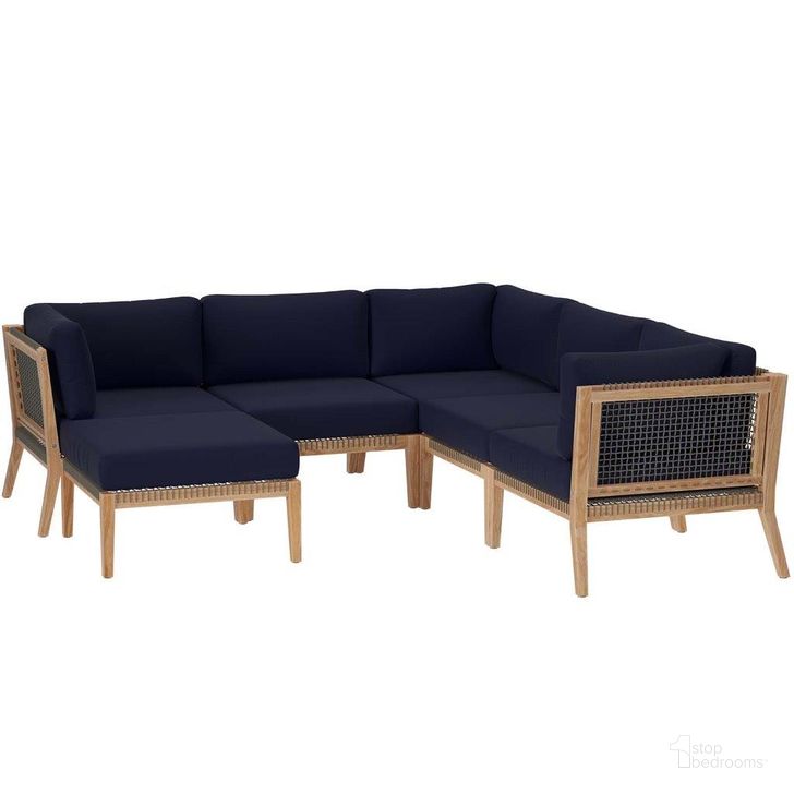 The appearance of Clearwater Outdoor Patio Teak Wood 6 Piece Sectional Sofa In Gray Navy EEI-6124-GRY-NAV designed by Modway in the transitional interior design. This gray navy piece of furniture  was selected by 1StopBedrooms from Clearwater Collection to add a touch of cosiness and style into your home. Sku: EEI-6124-GRY-NAV. Material: Wood. Product Type: Outdoor Sectional. Image1