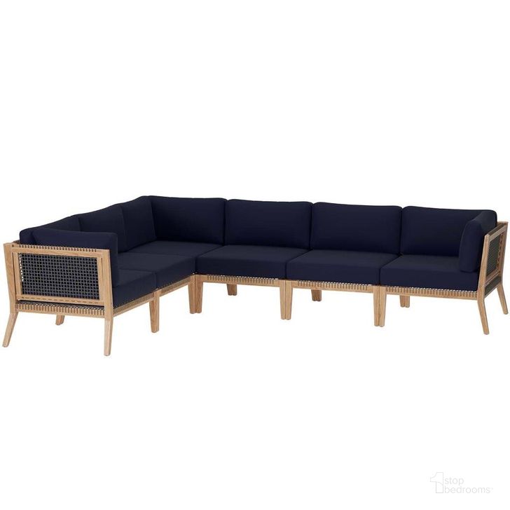 The appearance of Clearwater Outdoor Patio Teak Wood 6 Piece Sectional Sofa In Gray Navy EEI-6125-GRY-NAV designed by Modway in the transitional interior design. This gray navy piece of furniture  was selected by 1StopBedrooms from Clearwater Collection to add a touch of cosiness and style into your home. Sku: EEI-6125-GRY-NAV. Material: Wood. Product Type: Outdoor Sectional. Image1