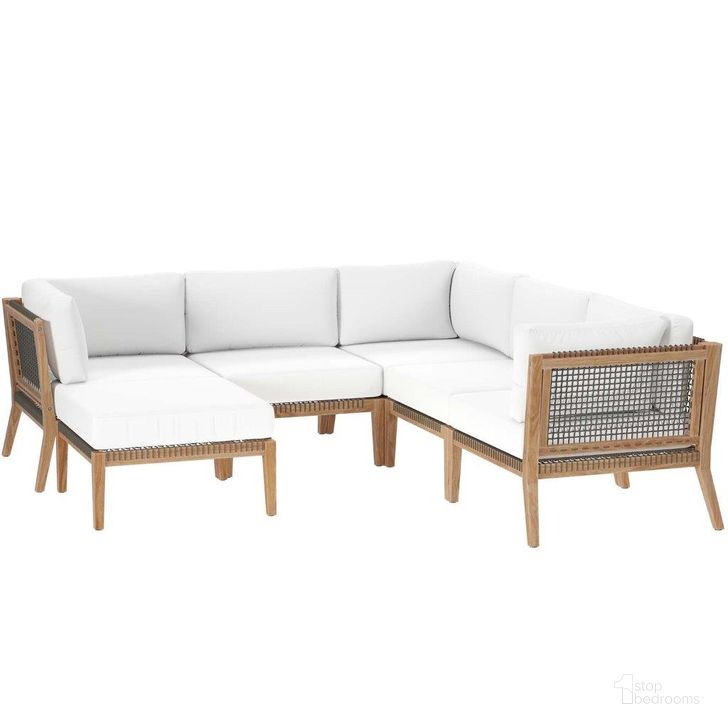 The appearance of Clearwater Outdoor Patio Teak Wood 6 Piece Sectional Sofa In Gray White EEI-6124-GRY-WHI designed by Modway in the transitional interior design. This white and grey piece of furniture  was selected by 1StopBedrooms from Clearwater Collection to add a touch of cosiness and style into your home. Sku: EEI-6124-GRY-WHI. Material: Wood. Product Type: Outdoor Sectional. Image1
