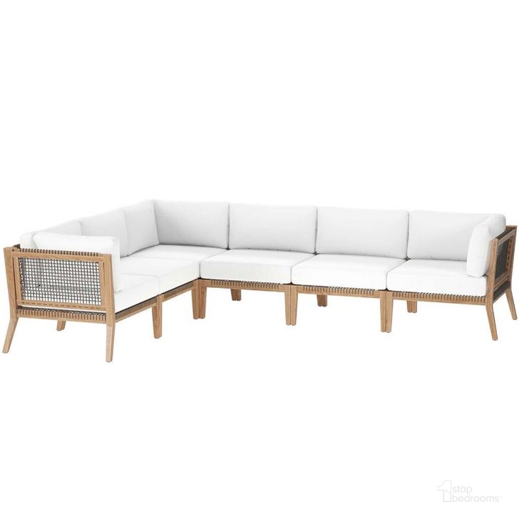The appearance of Clearwater Outdoor Patio Teak Wood 6 Piece Sectional Sofa In Gray White EEI-6125-GRY-WHI designed by Modway in the transitional interior design. This white and grey piece of furniture  was selected by 1StopBedrooms from Clearwater Collection to add a touch of cosiness and style into your home. Sku: EEI-6125-GRY-WHI. Material: Wood. Product Type: Outdoor Sectional. Image1