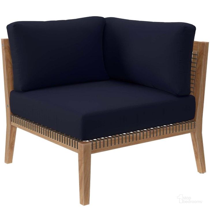 The appearance of Clearwater Outdoor Patio Teak Wood Corner Chair In Gray Navy designed by Modway in the transitional interior design. This gray navy piece of furniture  was selected by 1StopBedrooms from Clearwater Collection to add a touch of cosiness and style into your home. Sku: EEI-5855-GRY-NAV. Material: Wood. Product Type: Outdoor Chair. Image1