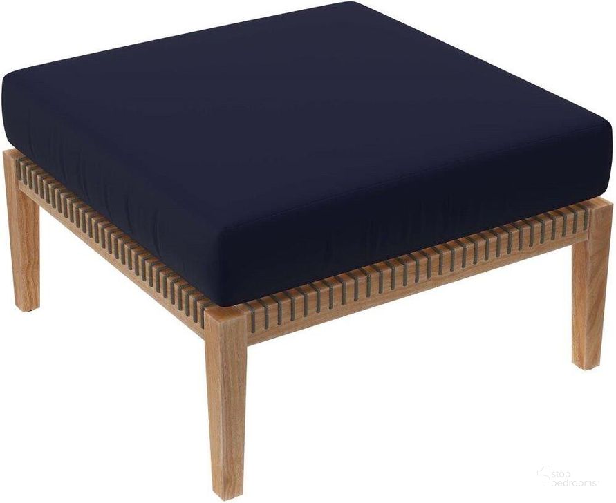 The appearance of Clearwater Outdoor Patio Teak Wood Ottoman In Gray Navy designed by Modway in the transitional interior design. This gray navy piece of furniture  was selected by 1StopBedrooms from Clearwater Collection to add a touch of cosiness and style into your home. Sku: EEI-5854-GRY-NAV. Product Type: Outdoor Ottoman. Material: Stainless Steel. Image1
