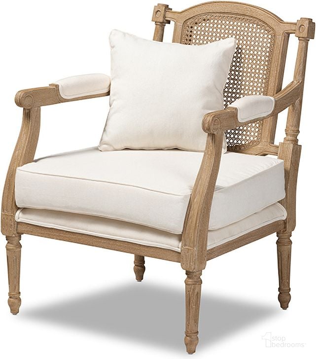 The appearance of Clemence French Provincial Ivory Fabric Upholstered Whitewashed Wood Armchair designed by Baxton Studio in the transitional interior design. This ivory piece of furniture  was selected by 1StopBedrooms from Clemence Collection to add a touch of cosiness and style into your home. Sku: ASS1037-CC. Material: Wood. Product Type: Arm Chair. Image1