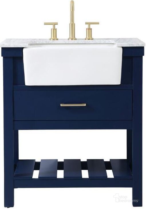 The appearance of Clement 30 Inch Single Bathroom Vanity In Blue designed by Elegant Lighting in the country / farmhouse interior design. This blue piece of furniture  was selected by 1StopBedrooms from Clement Collection to add a touch of cosiness and style into your home. Sku: VF60130BL. Material: Wood. Product Type: Bathroom Vanity. Image1