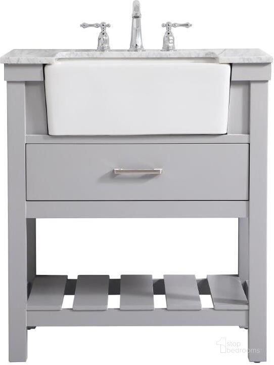 The appearance of Clement 30 Inch Single Bathroom Vanity In Grey designed by Elegant Lighting in the country / farmhouse interior design. This grey piece of furniture  was selected by 1StopBedrooms from Clement Collection to add a touch of cosiness and style into your home. Sku: VF60130GR. Material: Wood. Product Type: Bathroom Vanity. Image1