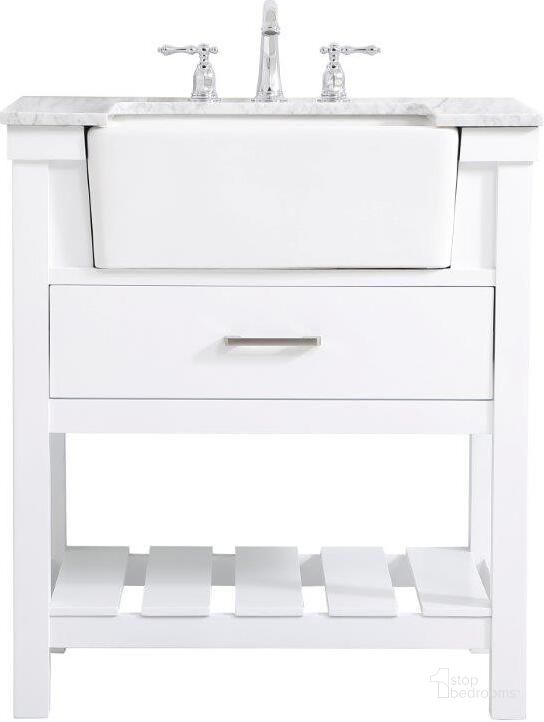 The appearance of Clement 30 Inch Single Bathroom Vanity In White designed by Elegant Lighting in the country / farmhouse interior design. This white piece of furniture  was selected by 1StopBedrooms from Clement Collection to add a touch of cosiness and style into your home. Sku: VF60130WH. Material: Wood. Product Type: Bathroom Vanity. Image1