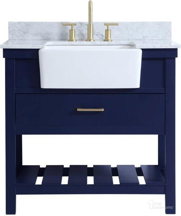 The appearance of Clement 36 Inch Single Bathroom Vanity In Blue With Backsplash designed by Elegant Lighting in the country / farmhouse interior design. This blue piece of furniture  was selected by 1StopBedrooms from Clement Collection to add a touch of cosiness and style into your home. Sku: VF60136BL-BS. Material: Wood. Product Type: Bathroom Vanity. Image1