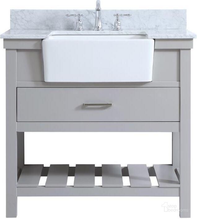 The appearance of Clement 36 Inch Single Bathroom Vanity In Grey With Backsplash designed by Elegant Lighting in the country / farmhouse interior design. This grey piece of furniture  was selected by 1StopBedrooms from Clement Collection to add a touch of cosiness and style into your home. Sku: VF60136GR-BS. Material: Wood. Product Type: Bathroom Vanity. Image1