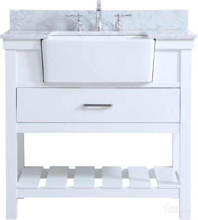 The appearance of Clement 36 Inch Single Bathroom Vanity In White With Backsplash designed by Elegant Lighting in the country / farmhouse interior design. This white piece of furniture  was selected by 1StopBedrooms from Clement Collection to add a touch of cosiness and style into your home. Sku: VF60136WH-BS. Material: Wood. Product Type: Bathroom Vanity. Image1