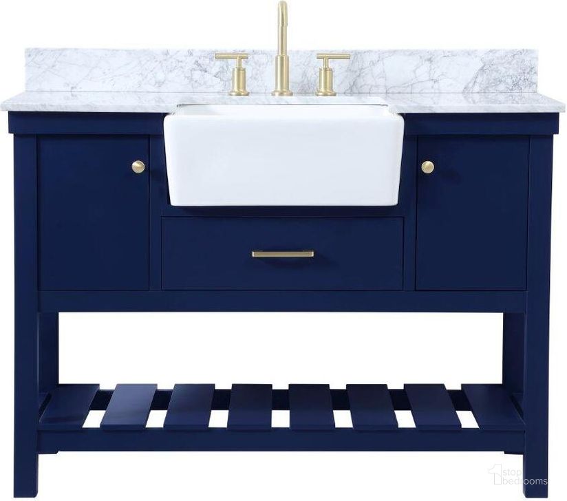 The appearance of Clement 48 Inch Single Bathroom Vanity In Blue With Backsplash designed by Elegant Lighting in the country / farmhouse interior design. This blue piece of furniture  was selected by 1StopBedrooms from Clement Collection to add a touch of cosiness and style into your home. Sku: VF60148BL-BS. Material: Wood. Product Type: Bathroom Vanity. Image1