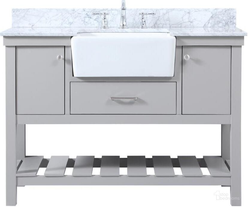 The appearance of Clement 48 Inch Single Bathroom Vanity In Grey With Backsplash designed by Elegant Lighting in the country / farmhouse interior design. This grey piece of furniture  was selected by 1StopBedrooms from Clement Collection to add a touch of cosiness and style into your home. Sku: VF60148GR-BS. Material: Wood. Product Type: Bathroom Vanity. Image1