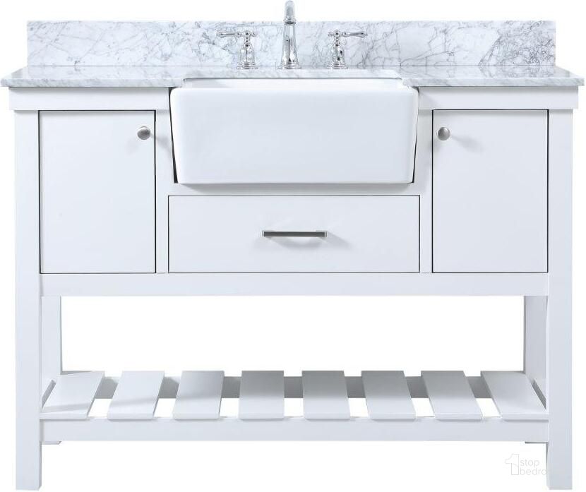 The appearance of Clement 48 Inch Single Bathroom Vanity In White With Backsplash designed by Elegant Lighting in the country / farmhouse interior design. This white piece of furniture  was selected by 1StopBedrooms from Clement Collection to add a touch of cosiness and style into your home. Sku: VF60148WH-BS. Material: Wood. Product Type: Bathroom Vanity. Image1
