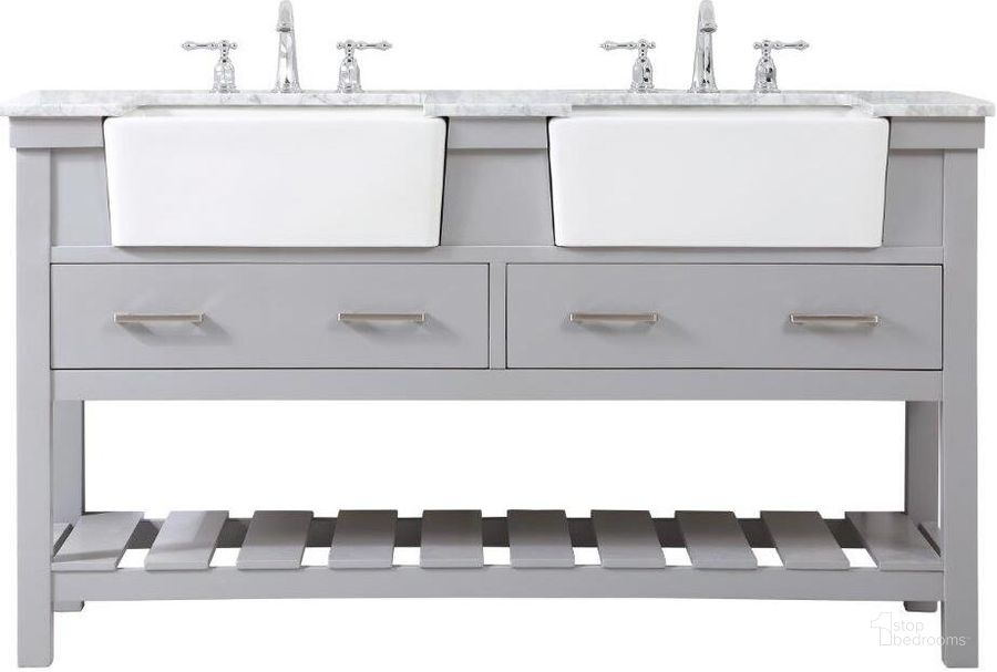 The appearance of Clement 60 Inch Double Bathroom Vanity In Grey designed by Elegant Lighting in the country / farmhouse interior design. This grey piece of furniture  was selected by 1StopBedrooms from Clement Collection to add a touch of cosiness and style into your home. Sku: VF60160DGR. Material: Wood. Product Type: Bathroom Vanity. Image1