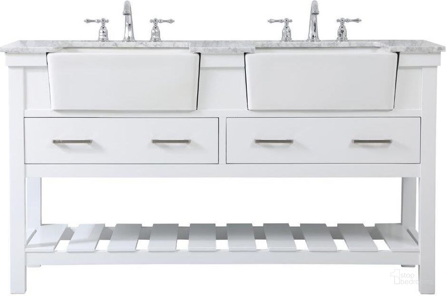 The appearance of Clement 60 Inch Double Bathroom Vanity In White designed by Elegant Lighting in the country / farmhouse interior design. This white piece of furniture  was selected by 1StopBedrooms from Clement Collection to add a touch of cosiness and style into your home. Sku: VF60160DWH. Material: Wood. Product Type: Bathroom Vanity. Image1