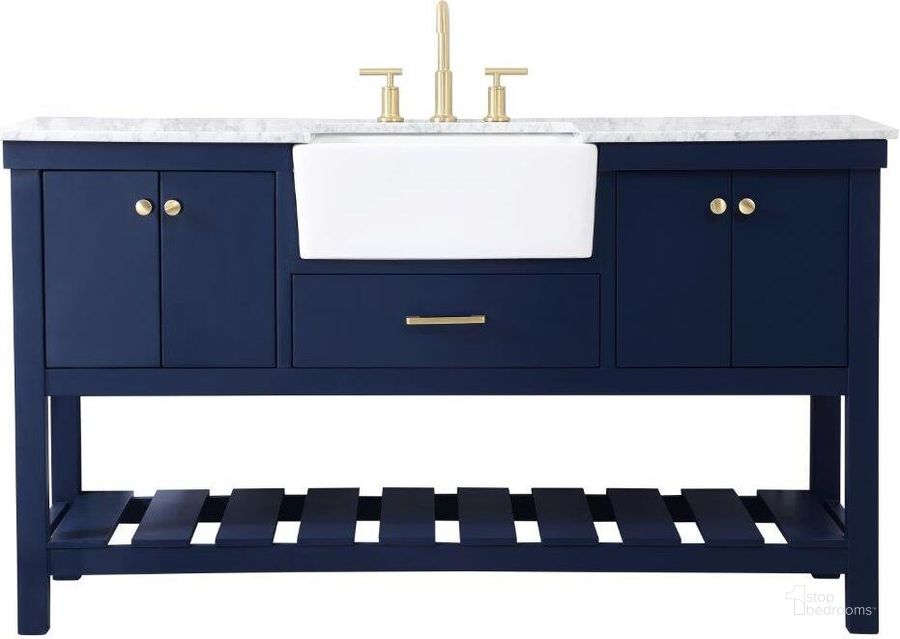 The appearance of Clement 60 Inch Single Bathroom Vanity In Blue designed by Elegant Lighting in the country / farmhouse interior design. This blue piece of furniture  was selected by 1StopBedrooms from Clement Collection to add a touch of cosiness and style into your home. Sku: VF60160BL. Material: Wood. Product Type: Bathroom Vanity. Image1