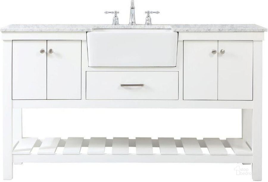 The appearance of Clement 60 Inch Single Bathroom Vanity In White designed by Elegant Lighting in the country / farmhouse interior design. This white piece of furniture  was selected by 1StopBedrooms from Clement Collection to add a touch of cosiness and style into your home. Sku: VF60160WH. Material: Wood. Product Type: Bathroom Vanity. Image1
