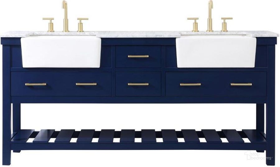 The appearance of Clement 72 Inch Double Bathroom Vanity In Blue designed by Elegant Lighting in the country / farmhouse interior design. This blue piece of furniture  was selected by 1StopBedrooms from Clement Collection to add a touch of cosiness and style into your home. Sku: VF60172DBL. Material: Wood. Product Type: Bathroom Vanity. Image1