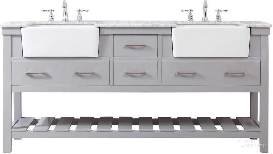 The appearance of Clement 72 Inch Double Bathroom Vanity In Grey designed by Elegant Lighting in the country / farmhouse interior design. This grey piece of furniture  was selected by 1StopBedrooms from Clement Collection to add a touch of cosiness and style into your home. Sku: VF60172DGR. Material: Wood. Product Type: Bathroom Vanity. Image1
