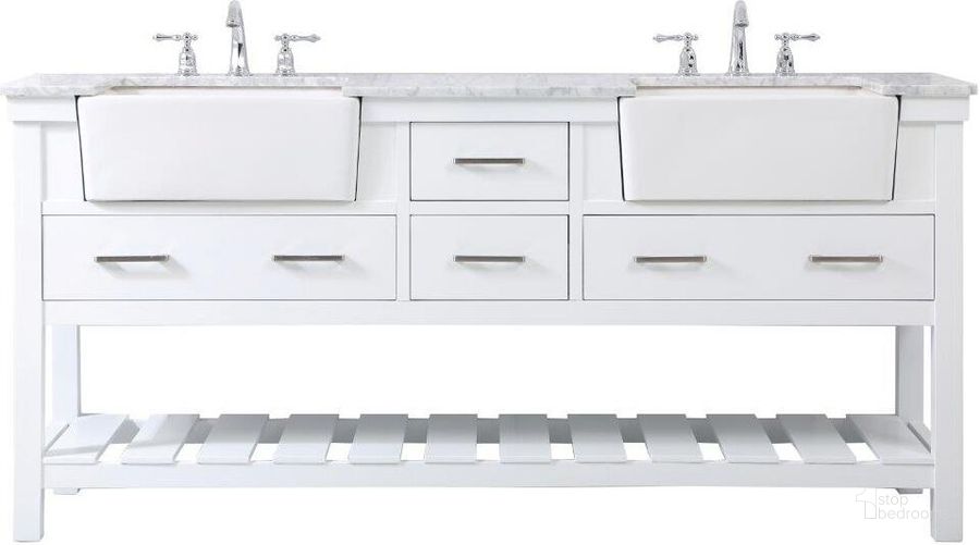 The appearance of Clement 72 Inch Double Bathroom Vanity In White designed by Elegant Lighting in the country / farmhouse interior design. This white piece of furniture  was selected by 1StopBedrooms from Clement Collection to add a touch of cosiness and style into your home. Sku: VF60172DWH. Material: Wood. Product Type: Bathroom Vanity. Image1