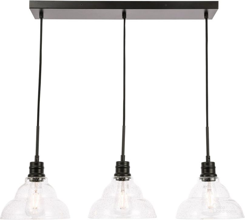 The appearance of Clive 3 Light Black And Clear Seeded Glass Pendant designed by Elegant Lighting in the industrial interior design. This black piece of furniture  was selected by 1StopBedrooms from Clive Collection to add a touch of cosiness and style into your home. Sku: LD6222BK. Material: Metal. Product Type: Pendant Lighting. Image1
