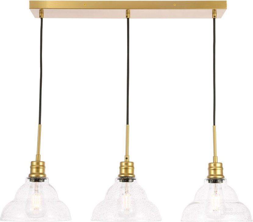 The appearance of Clive 3 Light Brass And Clear Seeded Glass Pendant designed by Elegant Lighting in the industrial interior design. This brass piece of furniture  was selected by 1StopBedrooms from Clive Collection to add a touch of cosiness and style into your home. Sku: LD6224BR. Material: Metal. Product Type: Pendant Lighting. Image1