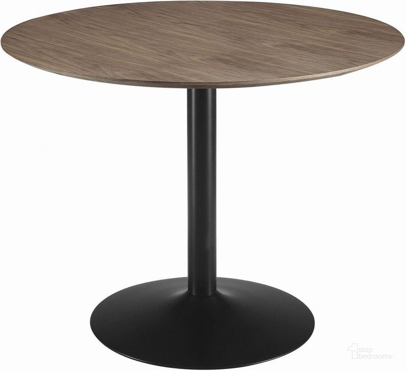 The appearance of Clora Walnut Round Dining Table designed by Coaster in the industrial interior design. This black and brown piece of furniture  was selected by 1StopBedrooms from Clora Collection to add a touch of cosiness and style into your home. Sku: 110280. Table Base Style: Pedestal. Table Top Shape: Round. Product Type: Dining Table. Material: MDF. Size: 40". Image1