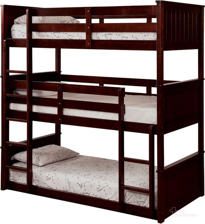 The appearance of Therese Espresso Triple Twin Decker Bunk Bed designed by Furniture of America in the transitional interior design. This brown piece of furniture  was selected by 1StopBedrooms from Therese Collection to add a touch of cosiness and style into your home. Sku: CM-BK628-1;CM-BK628-2;CM-BK628-3;CM-BK628-4;CM-BK628-5. Bed Type: Bunk Bed. Material: Wood. Product Type: Bunk Bed. Bed Size: Twin Over Twin. Image1