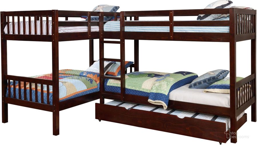 The appearance of Marquette Dark Walnut Twin Bunk Bed designed by Furniture of America in the transitional interior design. This brown piece of furniture  was selected by 1StopBedrooms from Marquette Collection to add a touch of cosiness and style into your home. Sku: CM-BK904-1;CM-BK904-2;CM-BK904-3. Bed Type: Bunk Bed. Material: Wood. Product Type: Bunk Bed. Bed Size: Twin. Image1