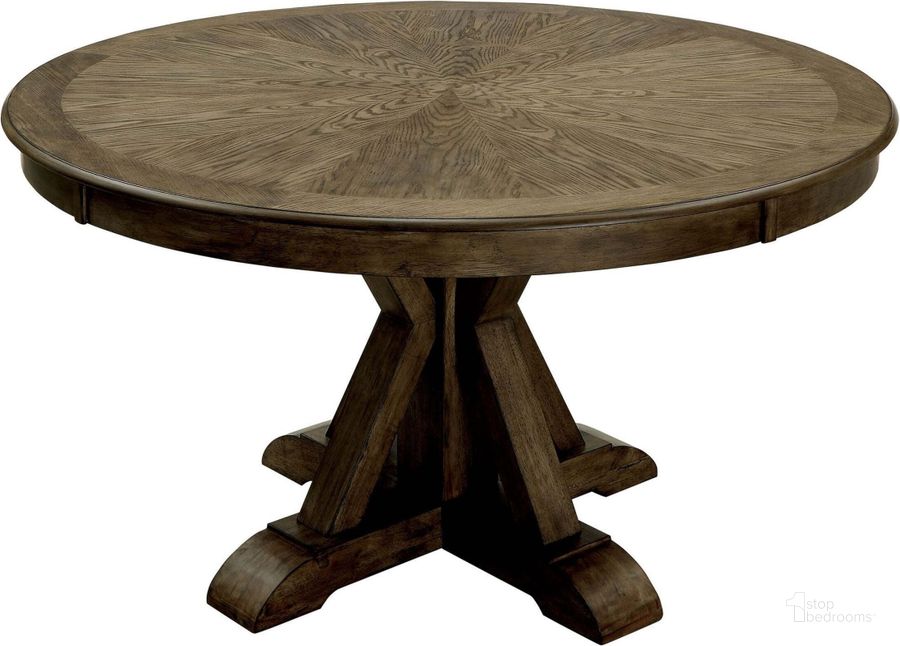 The appearance of Julia Light Oak Round Dining Table designed by Furniture of America in the transitional interior design. This gray piece of furniture  was selected by 1StopBedrooms from Julia Collection to add a touch of cosiness and style into your home. Sku: CM3014RT. Table Base Style: Trestle. Table Top Shape: Round. Material: Wood. Product Type: Dining Table. Image1