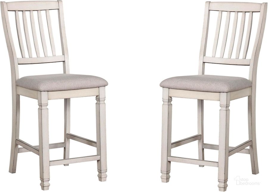 The appearance of Kaliyah Antique White Counter Height Chair Set of 2 designed by Furniture of America in the transitional interior design. This white piece of furniture  was selected by 1StopBedrooms from Kaliyah Collection to add a touch of cosiness and style into your home. Sku: CM3194PC-2PK. Product Type: Barstool. Material: Vinyl. Image1