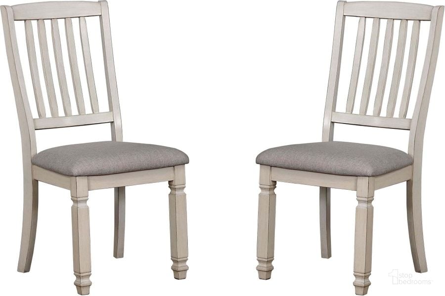 The appearance of Kaliyah Antique White Side Chair Set of 2 designed by Furniture of America in the transitional interior design. This white piece of furniture  was selected by 1StopBedrooms from Kaliyah Collection to add a touch of cosiness and style into your home. Sku: CM3194SC-2PK. Material: Fabric. Product Type: Side Chair. Image1