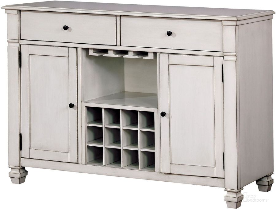 The appearance of Kaliyah Antique White Server designed by Furniture of America in the transitional interior design. This white piece of furniture  was selected by 1StopBedrooms from Kaliyah Collection to add a touch of cosiness and style into your home. Sku: CM3194SV. Material: Wood. Product Type: Server. Image1