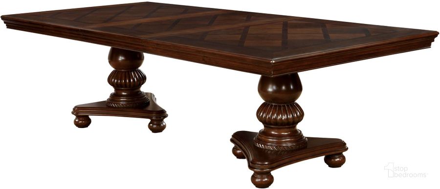 The appearance of Alpena Brown Cherry Extendable Rectangular Dining Table designed by Furniture of America in the traditional interior design. This brown piece of furniture  was selected by 1StopBedrooms from Alpena Collection to add a touch of cosiness and style into your home. Sku: CM3350T-1;CM3350T-2. Table Base Style: Double Pedestal. Material: Wood. Product Type: Dining Table. Table Top Shape: Rectangular. Size: 48". Image1
