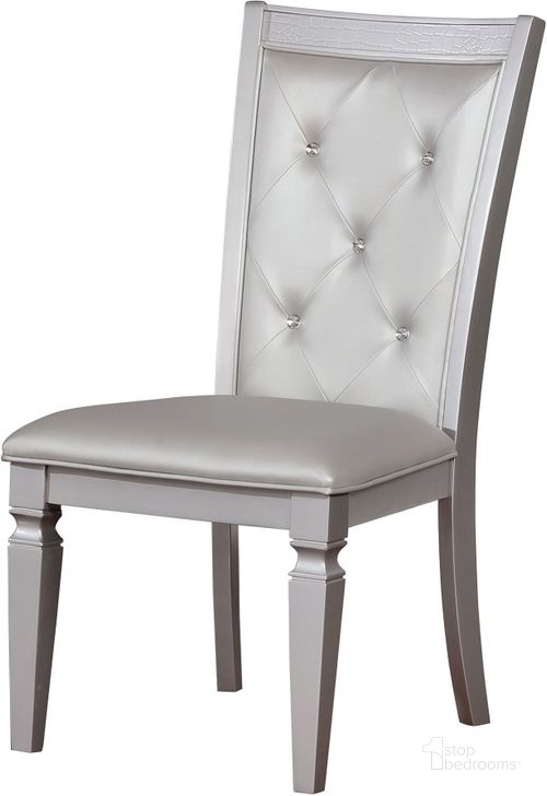 The appearance of Alena Silver Side Chair Set of 2 designed by Furniture of America in the transitional interior design. This silver piece of furniture  was selected by 1StopBedrooms from Alena Collection to add a touch of cosiness and style into your home. Sku: CM3452SC-2PK. Material: Wood. Product Type: Side Chair. Image1