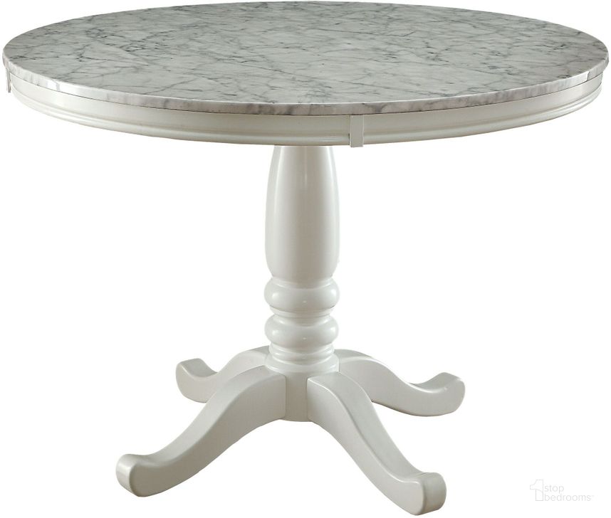 The appearance of Penelope White Round Dining Table designed by Furniture of America in the transitional interior design. This white piece of furniture  was selected by 1StopBedrooms from Penelope Collection to add a touch of cosiness and style into your home. Sku: CM3546RT-1;CM3546RT-2. Table Base Style: Pedestal. Table Top Shape: Round. Material: Glass. Product Type: Dining Table. Image1