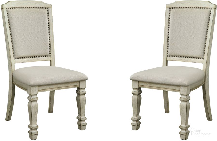 The appearance of Holcroft Antique White Side Chair Set Of 2 designed by Furniture of America in the transitional interior design. This beige piece of furniture  was selected by 1StopBedrooms from Holcroft Collection to add a touch of cosiness and style into your home. Sku: CM3600SC-2PK. Material: Fabric. Product Type: Side Chair. Image1