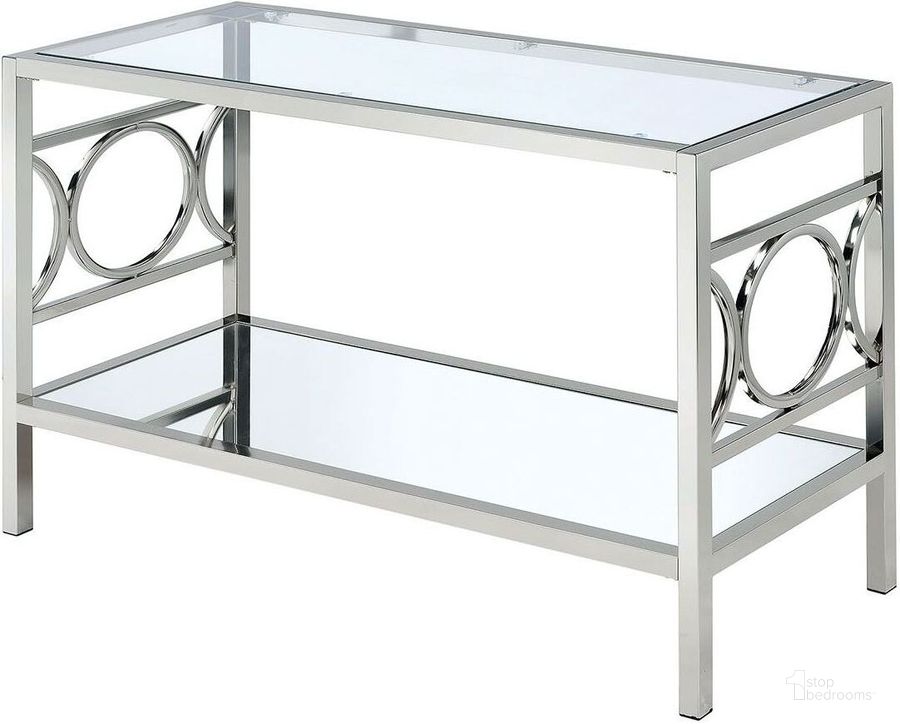 The appearance of Rylee Chrome Sofa Table designed by Furniture of America in the modern / contemporary interior design. This silver piece of furniture  was selected by 1StopBedrooms from Rylee Collection to add a touch of cosiness and style into your home. Sku: CM4166CRM-S. Material: Glass. Product Type: Sofa Table. Table Top Shape: Rectangular. Image1