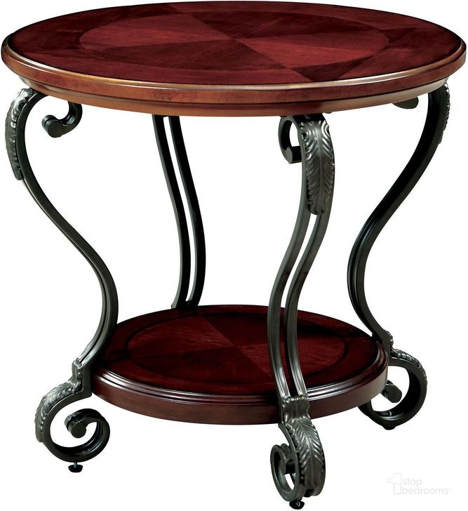 The appearance of May Brown Cherry End Table designed by Furniture of America in the transitional interior design. This brown piece of furniture  was selected by 1StopBedrooms from May Collection to add a touch of cosiness and style into your home. Sku: CM4326E. Table Top Shape: Round. Material: Metal. Product Type: End Table. Image1