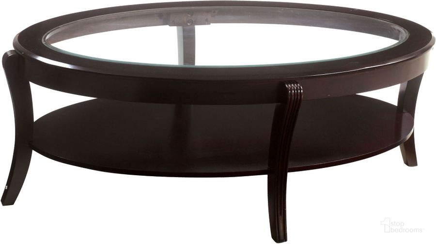 The appearance of Finley Espresso Coffee Table designed by Furniture of America in the modern / contemporary interior design. This brown piece of furniture  was selected by 1StopBedrooms from Finley Collection to add a touch of cosiness and style into your home. Sku: CM4488C. Table Top Shape: Oval. Material: Glass. Product Type: Coffee Table. Image1