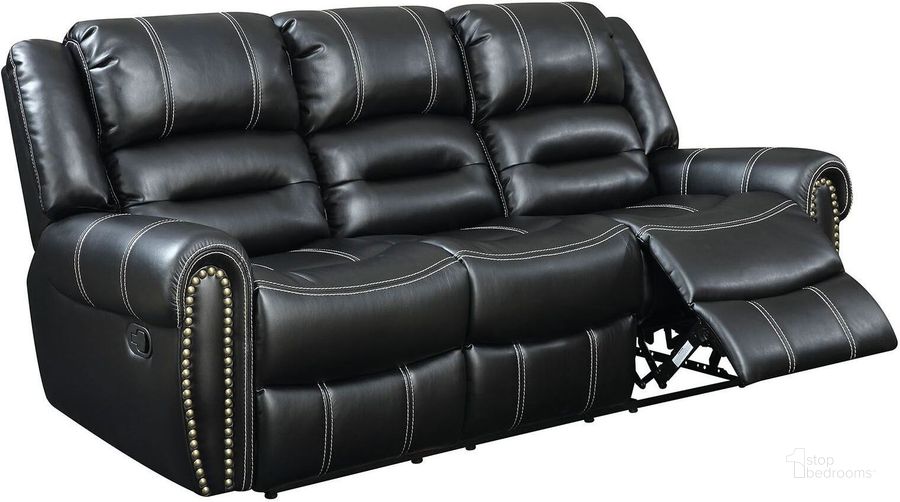 The appearance of Frederick Black Reclining Sofa designed by Furniture of America in the modern / contemporary interior design. This black piece of furniture  was selected by 1StopBedrooms from Frederick Collection to add a touch of cosiness and style into your home. Sku: CM6130SF. Material: Bonded Leather. Product Type: Reclining Sofa. Key Features: Nailhead Trim. Image1