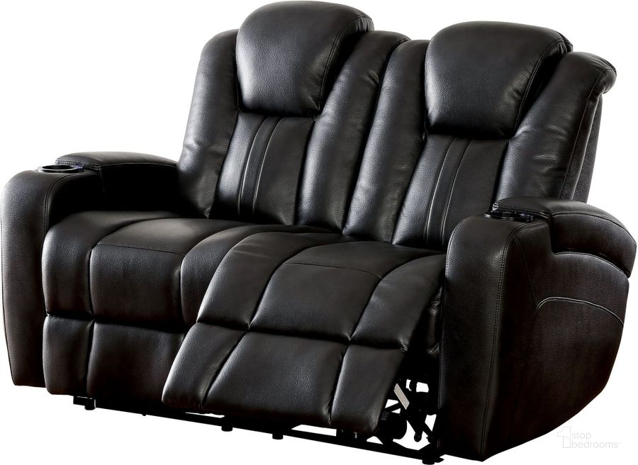 The appearance of Zaurak Dark Gray Reclining Loveseat designed by Furniture of America in the modern / contemporary interior design. This black piece of furniture  was selected by 1StopBedrooms from Zaurak Collection to add a touch of cosiness and style into your home. Sku: CM6291-LV. Product Type: Reclining Loveseat. Material: Vinyl. Key Features: Storage. Image1