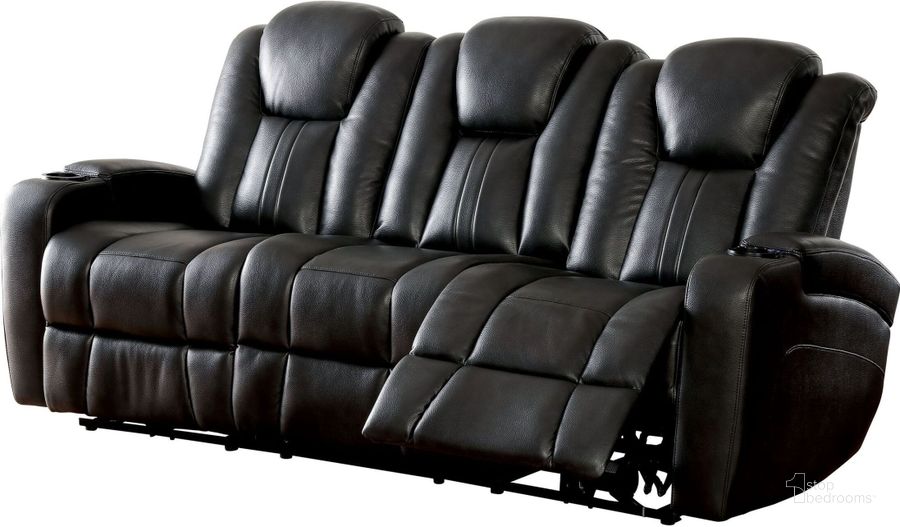 The appearance of Zaurak Dark Gray Reclining Sofa designed by Furniture of America in the modern / contemporary interior design. This black piece of furniture  was selected by 1StopBedrooms from Zaurak Collection to add a touch of cosiness and style into your home. Sku: CM6291-SF. Product Type: Reclining Sofa. Material: Vinyl. Key Features: Storage. Image1