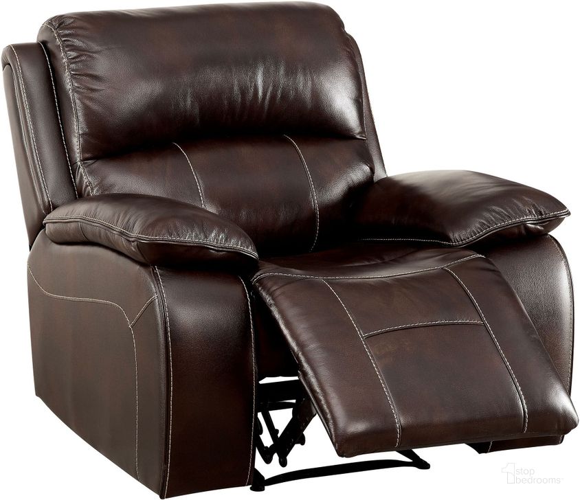 The appearance of Ruth Brown Leather Reclining Chair designed by Furniture of America in the transitional interior design. This brown piece of furniture  was selected by 1StopBedrooms from Ruth Collection to add a touch of cosiness and style into your home. Sku: CM6783BR-CH. Product Type: Reclining Chair. Material: Vinyl. Image1