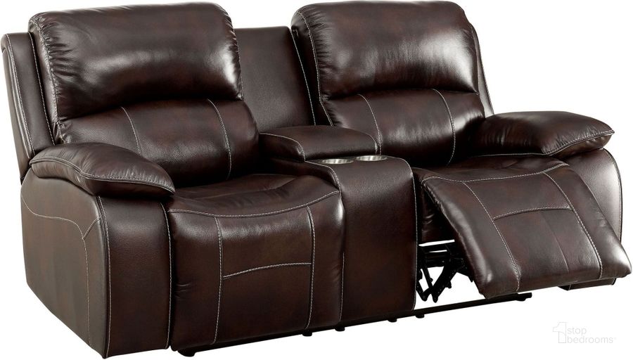 The appearance of Ruth Brown Leather Reclining Loveseat designed by Furniture of America in the transitional interior design. This brown piece of furniture  was selected by 1StopBedrooms from Ruth Collection to add a touch of cosiness and style into your home. Sku: CM6783BR-LV. Product Type: Reclining Loveseat. Material: Vinyl. Key Features: Storage. Image1