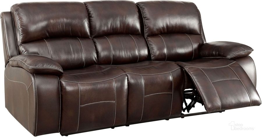 The appearance of Ruth Brown Leather Reclining Sofa designed by Furniture of America in the transitional interior design. This brown piece of furniture  was selected by 1StopBedrooms from Ruth Collection to add a touch of cosiness and style into your home. Sku: CM6783BR-SF. Product Type: Reclining Sofa. Material: Vinyl. Image1