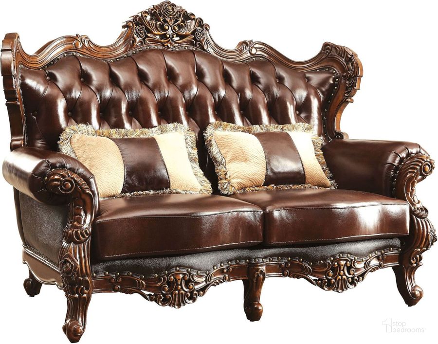 The appearance of Jericho Dark Oak Leather Loveseat designed by Furniture of America in the traditional interior design. This brown piece of furniture  was selected by 1StopBedrooms from Jericho Collection to add a touch of cosiness and style into your home. Sku: CM6786-LV-1;CM6786-LV-2. Product Type: Loveseat. Image1