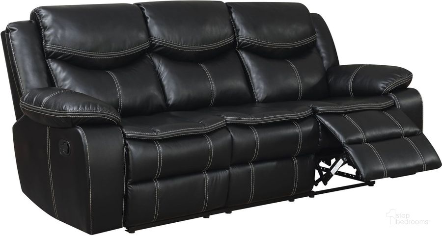The appearance of Gatria Black Reclining Sofa designed by Furniture of America in the transitional interior design. This black piece of furniture  was selected by 1StopBedrooms from Gatria Collection to add a touch of cosiness and style into your home. Sku: CM6981-SF. Product Type: Reclining Sofa. Material: Vinyl. Image1