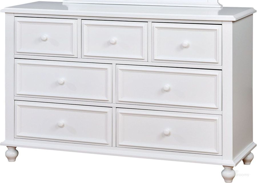 The appearance of Olivia White Dresser designed by Furniture of America in the traditional interior design. This white piece of furniture  was selected by 1StopBedrooms from Olivia Collection to add a touch of cosiness and style into your home. Sku: CM7155WH-D. Material: Wood. Product Type: Dresser. Image1