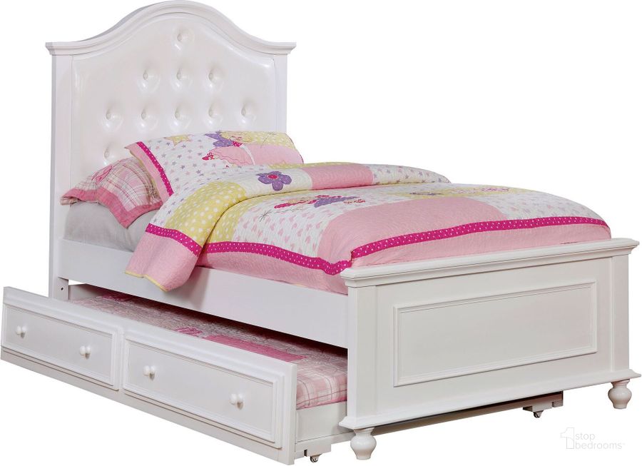 The appearance of Olivia White Twin Panel Bed designed by Furniture of America in the traditional interior design. This white piece of furniture  was selected by 1StopBedrooms from Olivia Collection to add a touch of cosiness and style into your home. Sku: CM7155WH-T-HB;CM7155WH-T-FB;CM7155WH-T-R. Bed Type: Panel Bed. Material: Wood. Product Type: Panel Bed. Bed Size: Twin. Image1